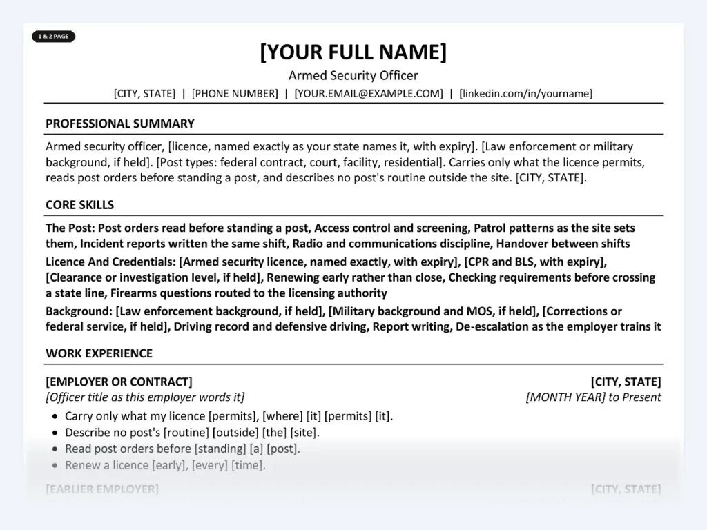 Armed Security Officer resume template, one page, ATS-friendly layout