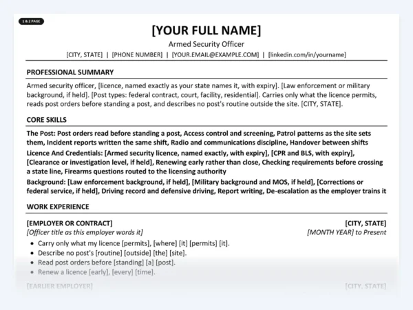 Armed Security Officer resume template, one page, ATS-friendly layout