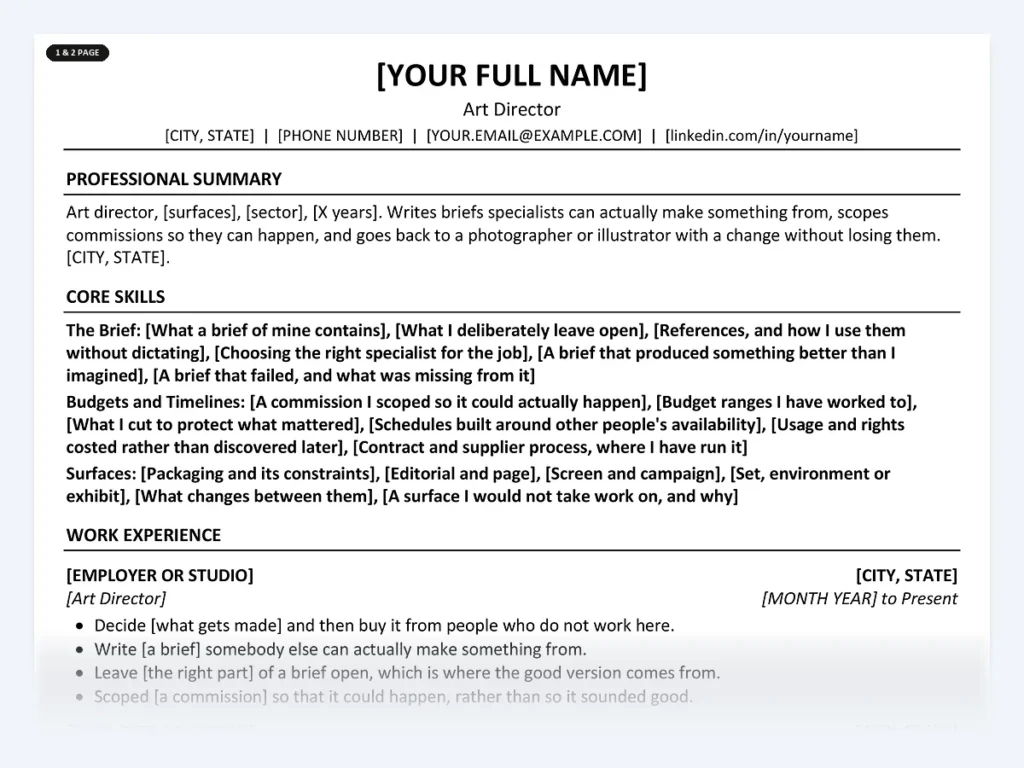 Art Director resume template, one page, ATS-friendly layout