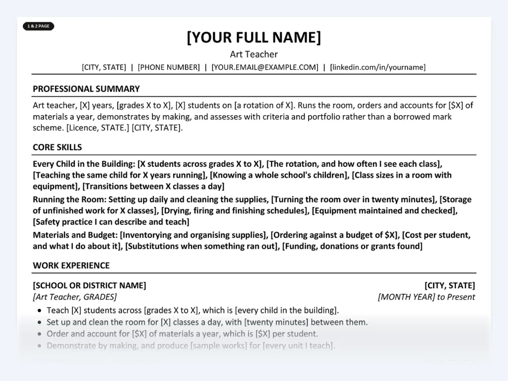 Art Teacher resume template, one page, ATS-friendly layout