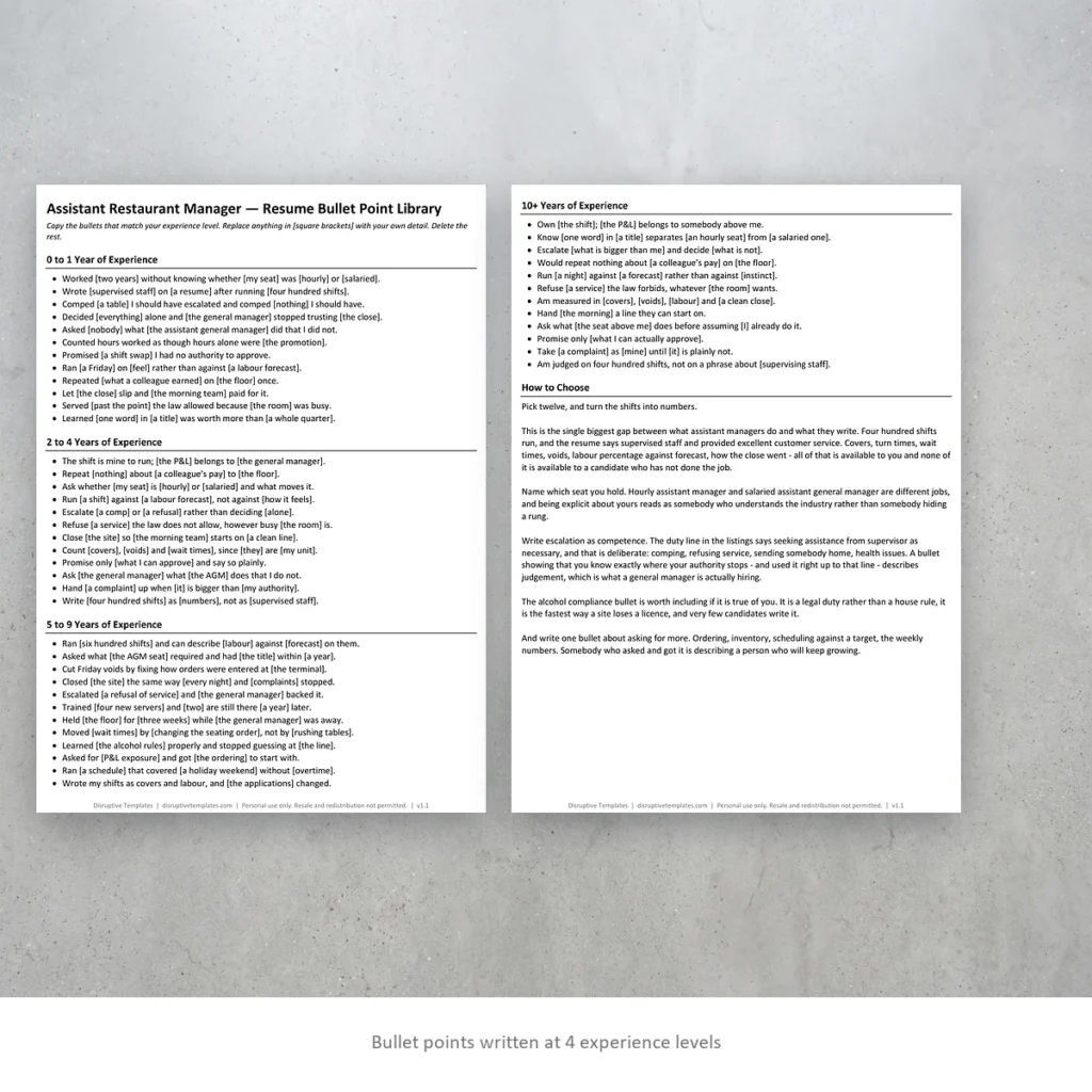 Assistant Restaurant Manager resume bullet points written at four experience levels
