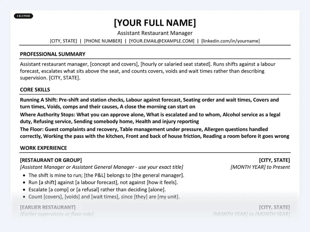 Assistant Restaurant Manager resume template, one page, ATS-friendly layout