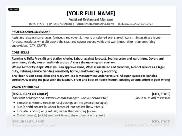 Assistant Restaurant Manager resume template, one page, ATS-friendly layout