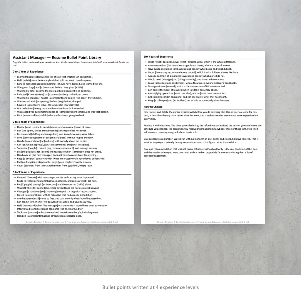 Assistant Manager resume bullet points written at four experience levels