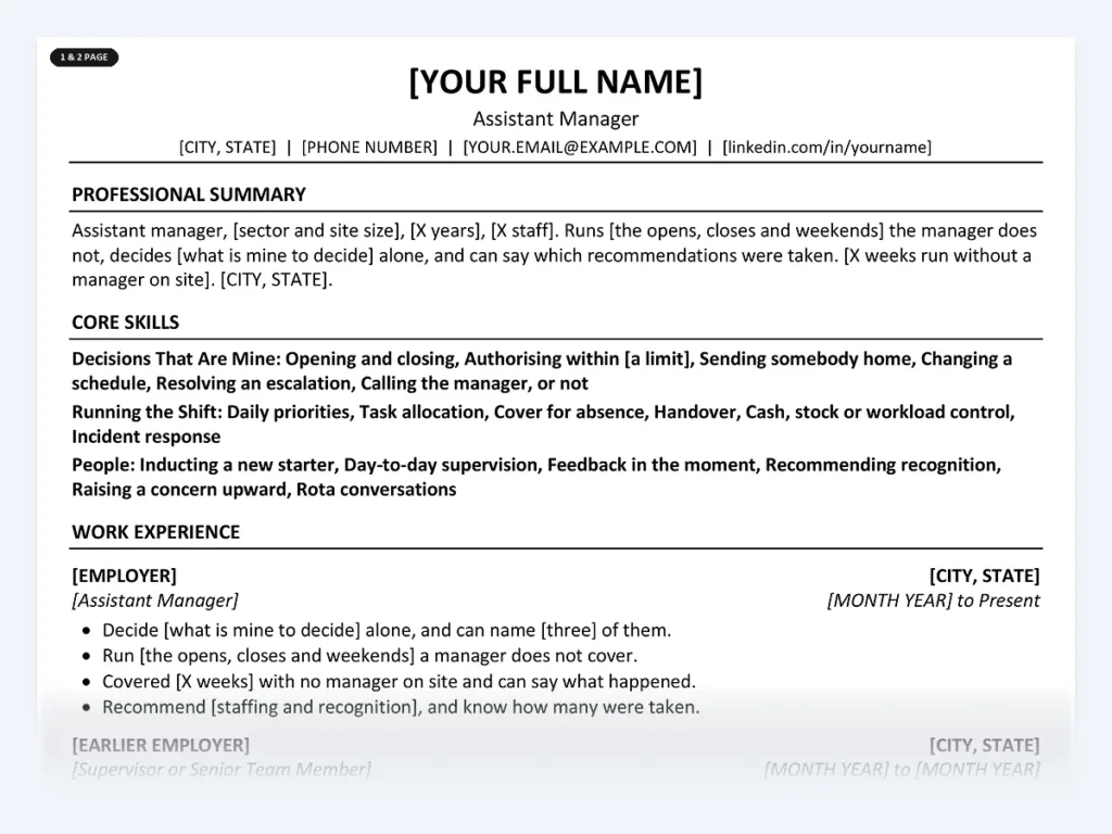 Assistant Manager resume template, one page, ATS-friendly layout