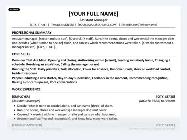 Assistant Manager resume template, one page, ATS-friendly layout