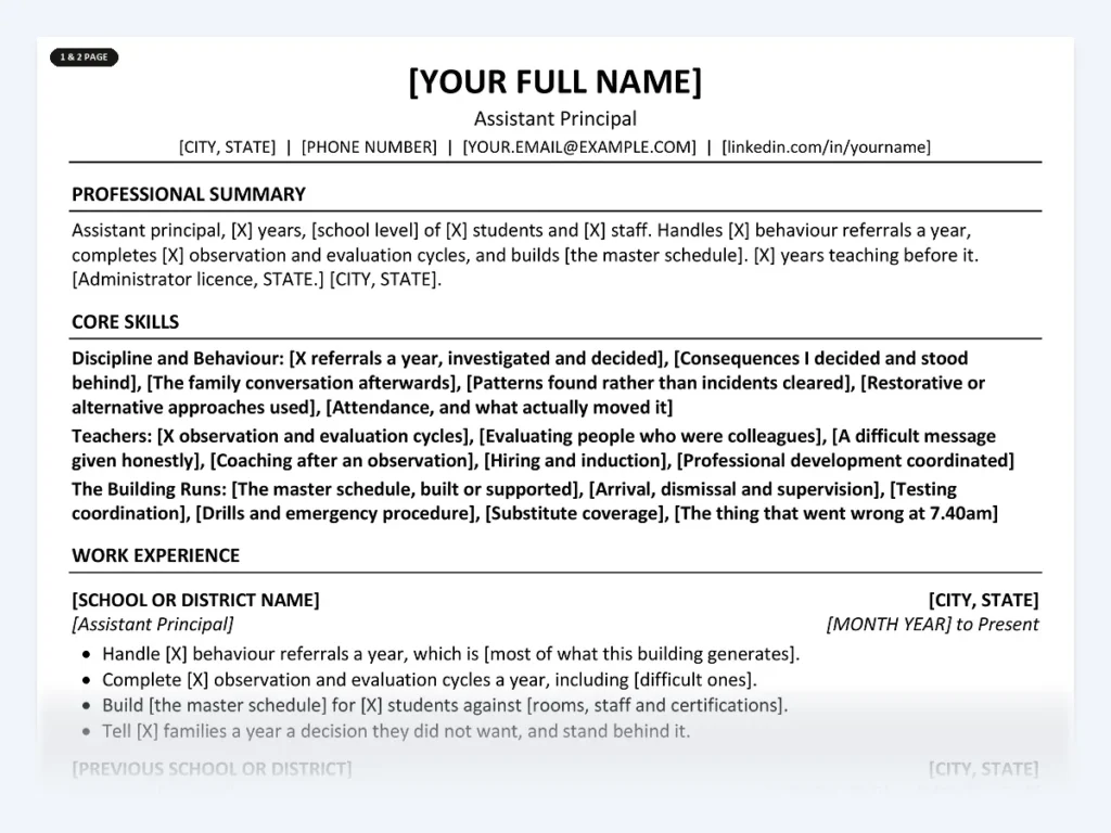 Assistant Principal resume template, one page, ATS-friendly layout