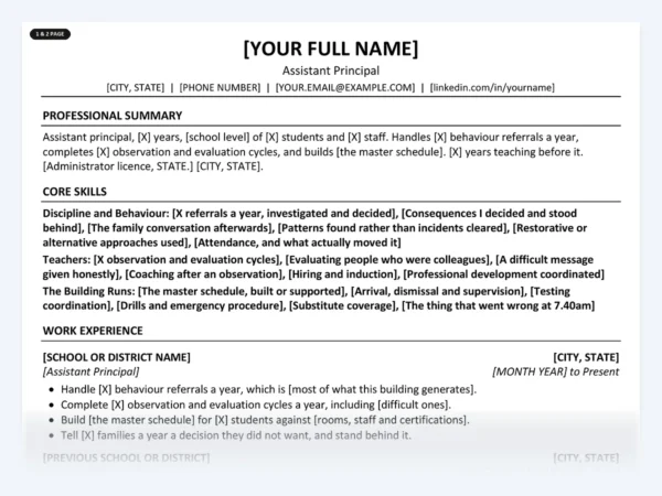 Assistant Principal resume template, one page, ATS-friendly layout