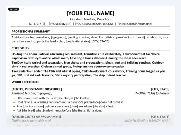 Assistant Teacher, Preschool resume template, one page, ATS-friendly layout