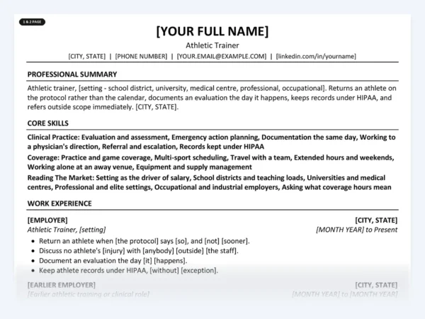 Athletic Trainer resume template, one page, ATS-friendly layout