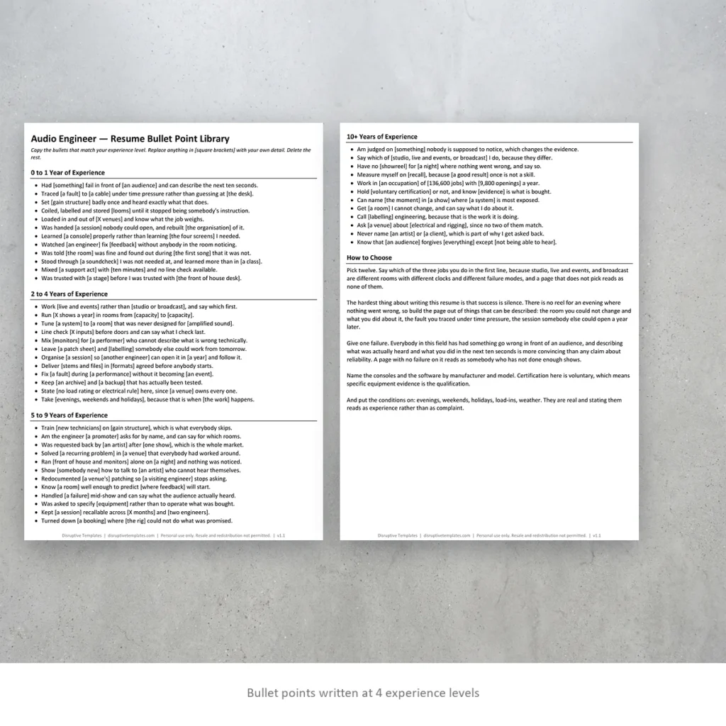 Audio Engineer resume bullet points written at four experience levels