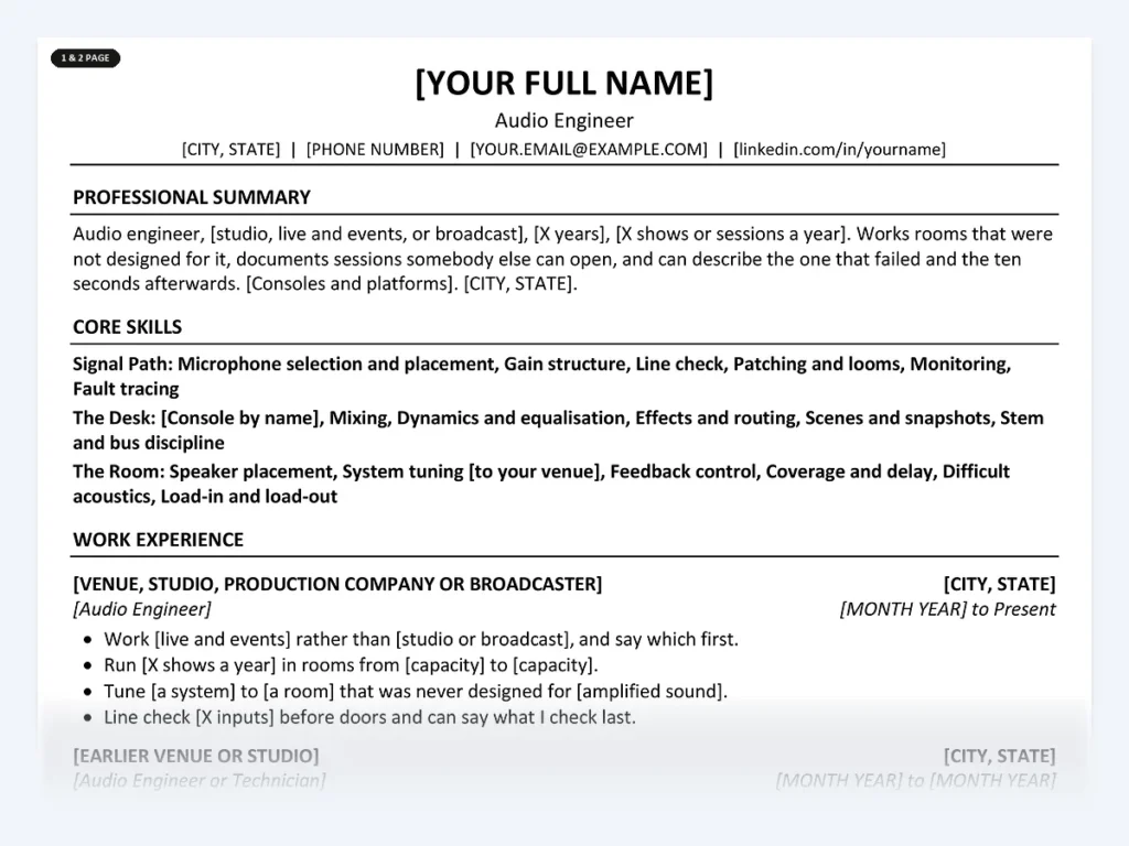 Audio Engineer resume template, one page, ATS-friendly layout