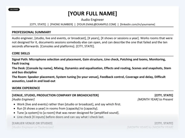 Audio Engineer resume template, one page, ATS-friendly layout
