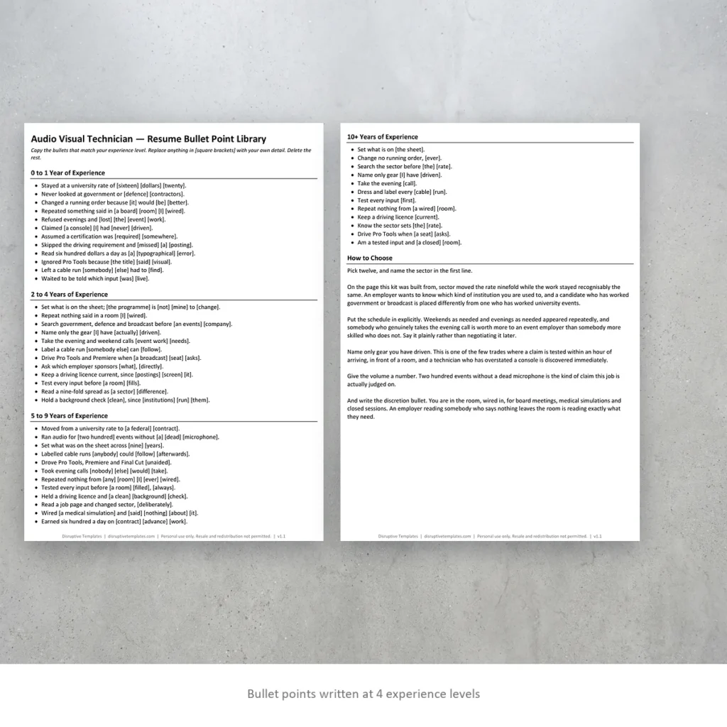 Audio Visual Technician resume bullet points written at four experience levels