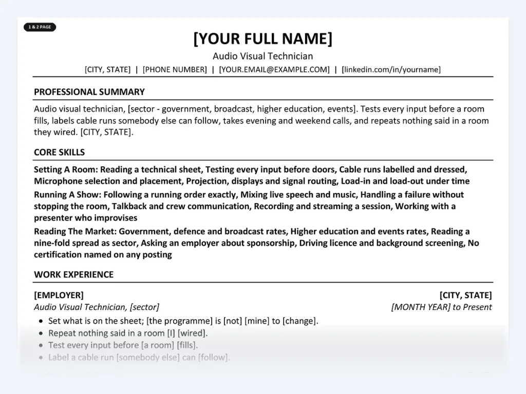 Audio Visual Technician resume template, one page, ATS-friendly layout