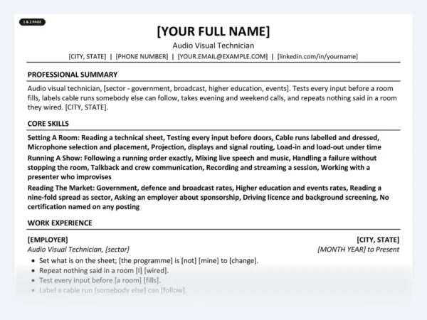 Audio Visual Technician resume template, one page, ATS-friendly layout