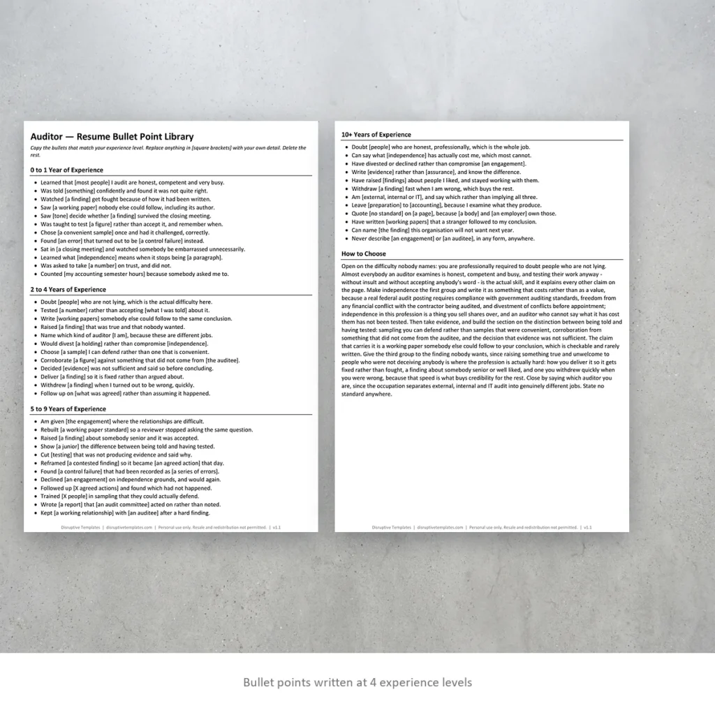 Auditor resume bullet points written at four experience levels