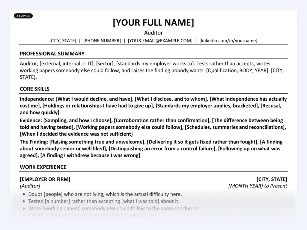 Auditor resume template, one page, ATS-friendly layout