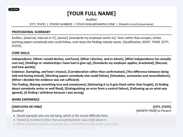 Auditor resume template, one page, ATS-friendly layout