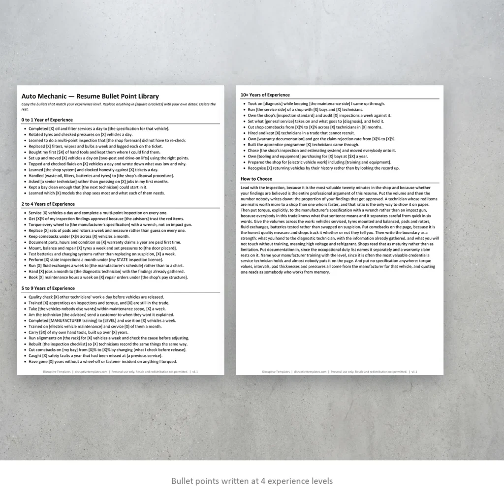 Auto Mechanic resume bullet points written at four experience levels
