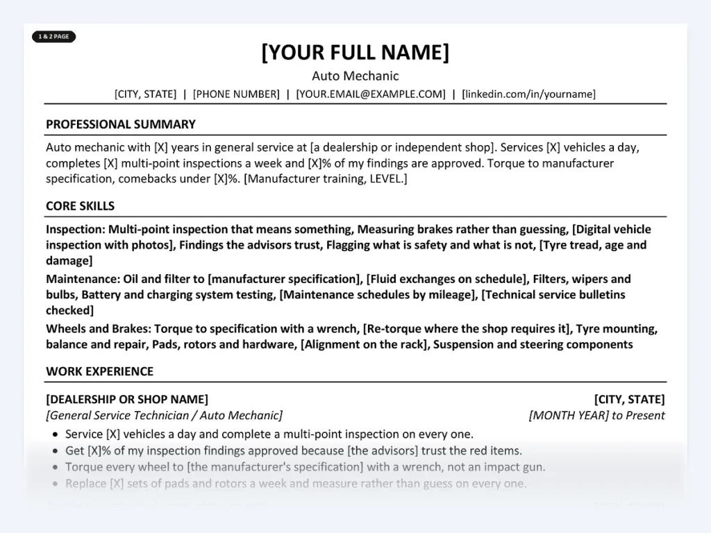 Auto Mechanic resume template, one page, ATS-friendly layout
