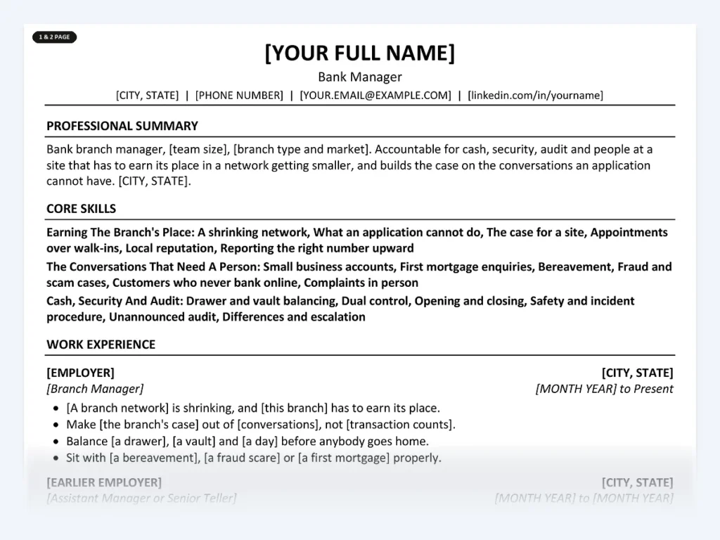 Bank Manager resume template, one page, ATS-friendly layout