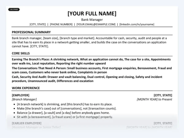Bank Manager resume template, one page, ATS-friendly layout