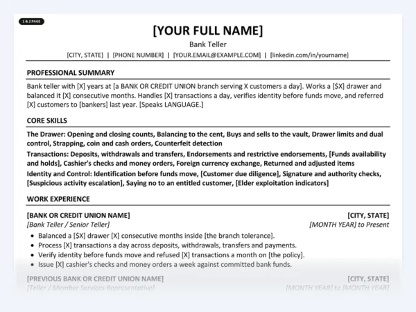 Bank Teller resume template, one page, ATS-friendly layout