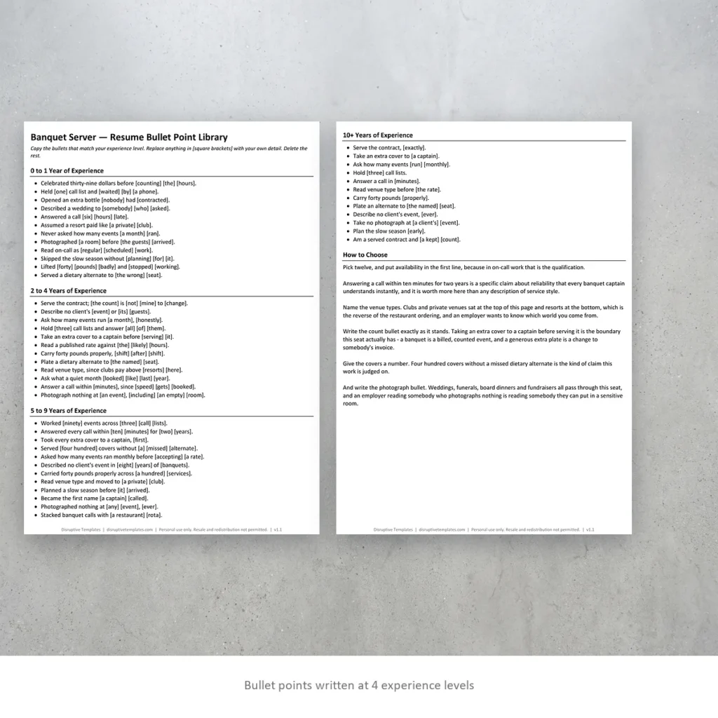 Banquet Server resume bullet points written at four experience levels