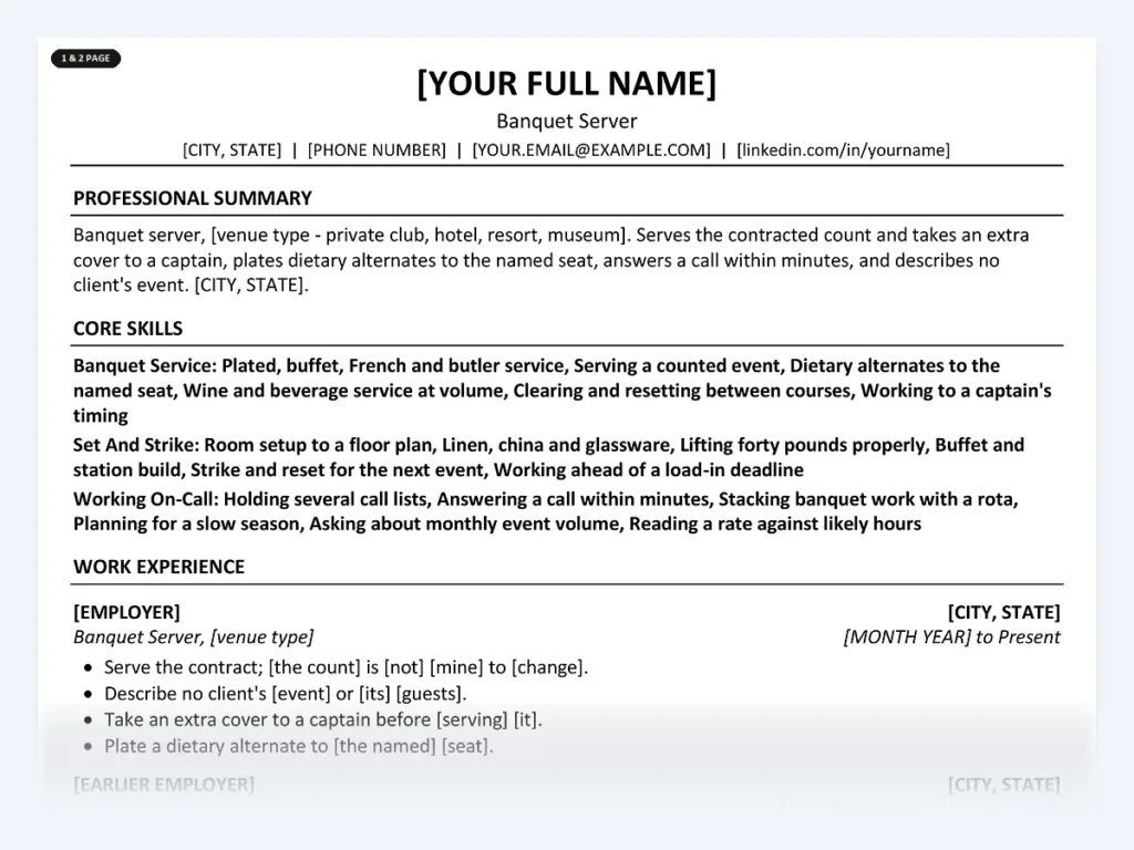 Banquet Server resume template, one page, ATS-friendly layout
