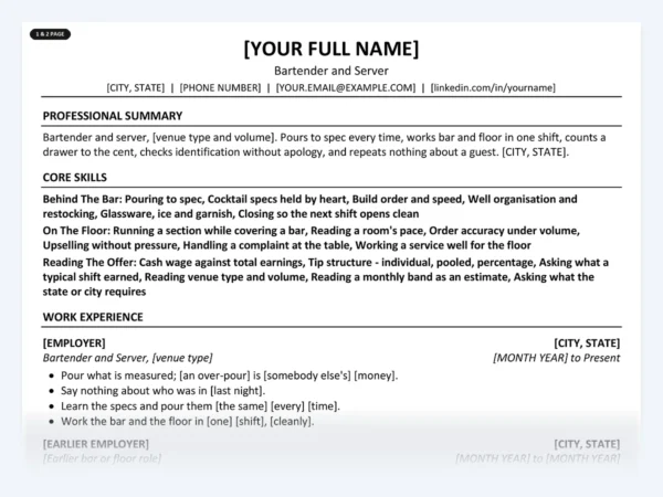 Bartender and Server resume template, one page, ATS-friendly layout