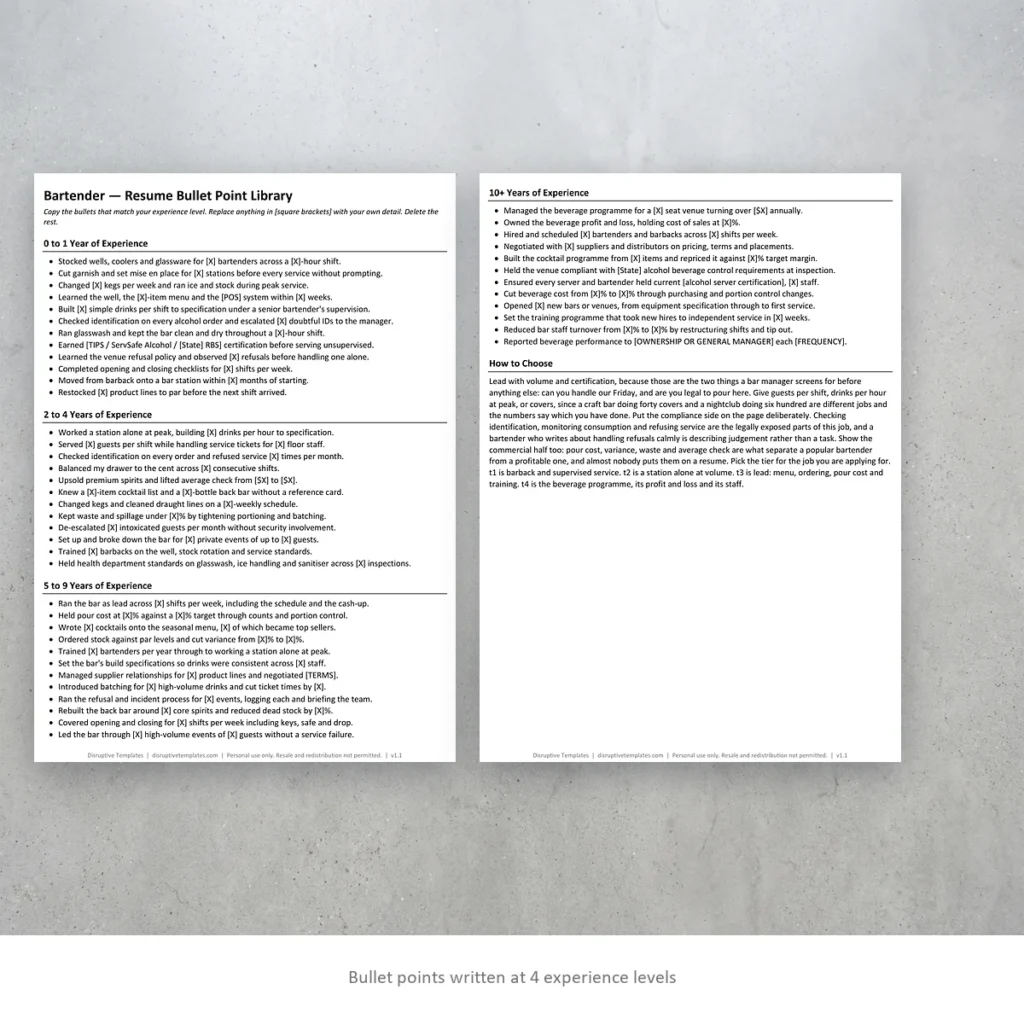 Bartender resume bullet points written at four experience levels