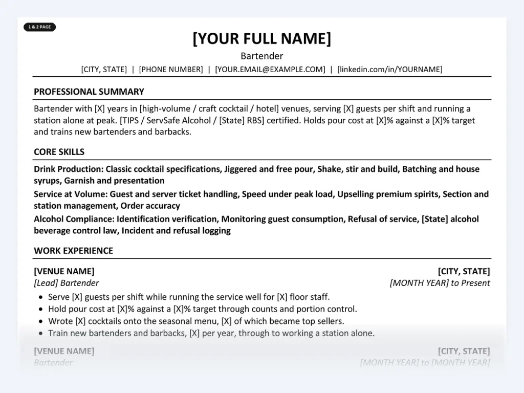 Bartender resume template, one page, ATS-friendly layout