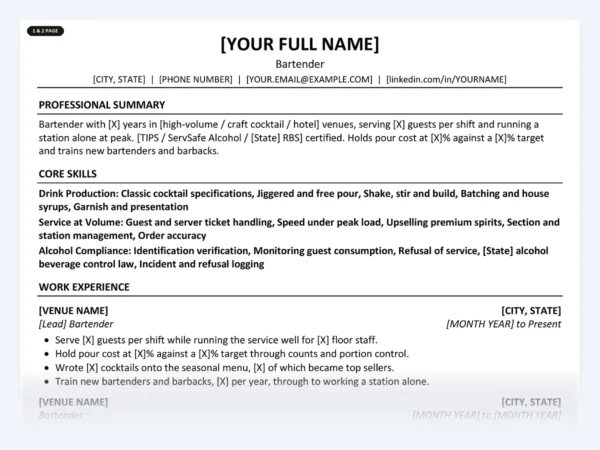 Bartender resume template, one page, ATS-friendly layout