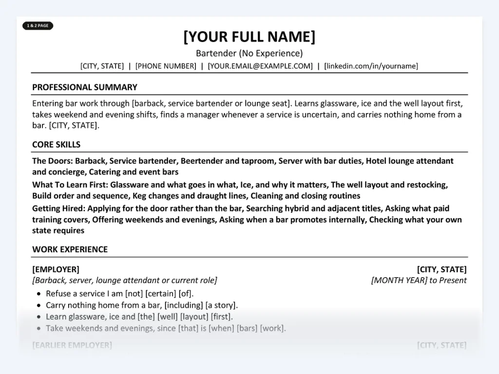 Bartender (No Experience) resume template, one page, ATS-friendly layout