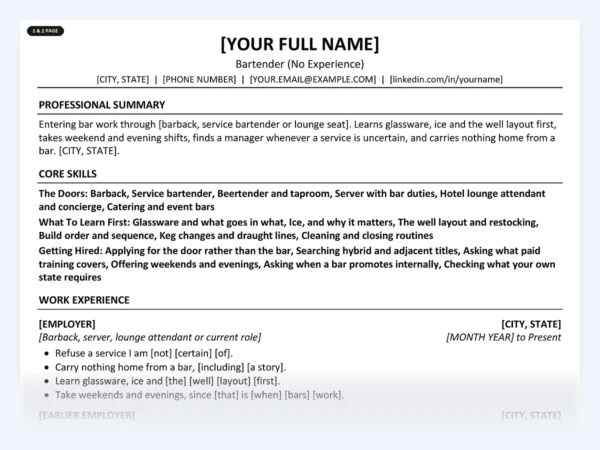 Bartender (No Experience) resume template, one page, ATS-friendly layout