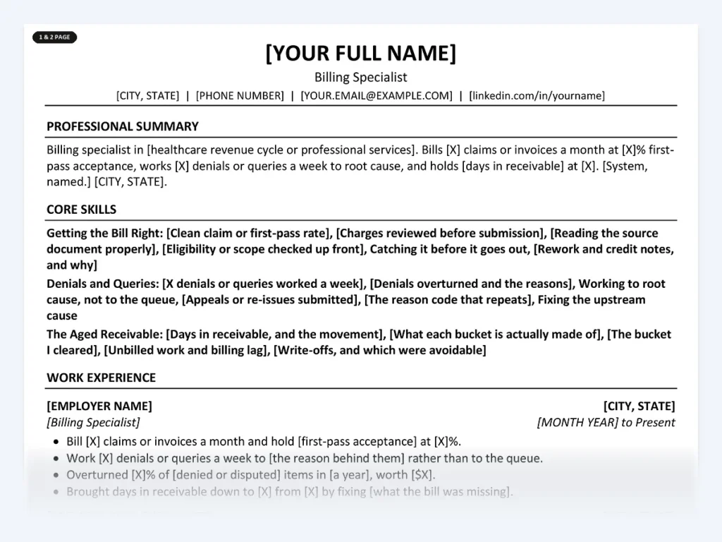 Billing Specialist resume template, one page, ATS-friendly layout