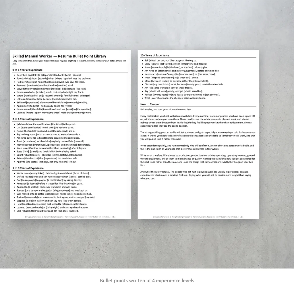 Skilled Manual Worker resume bullet points written at four experience levels
