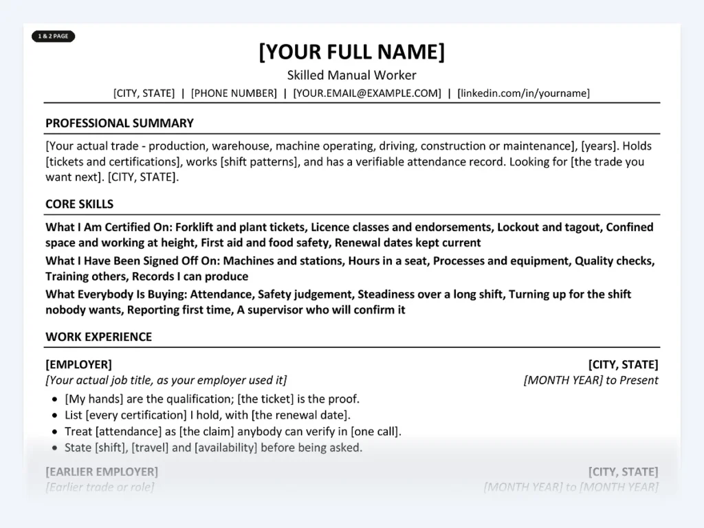 Skilled Manual Worker resume template, one page, ATS-friendly layout