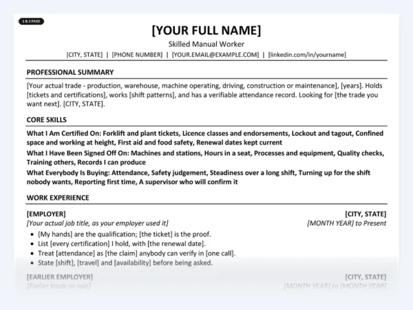 Skilled Manual Worker resume template, one page, ATS-friendly layout