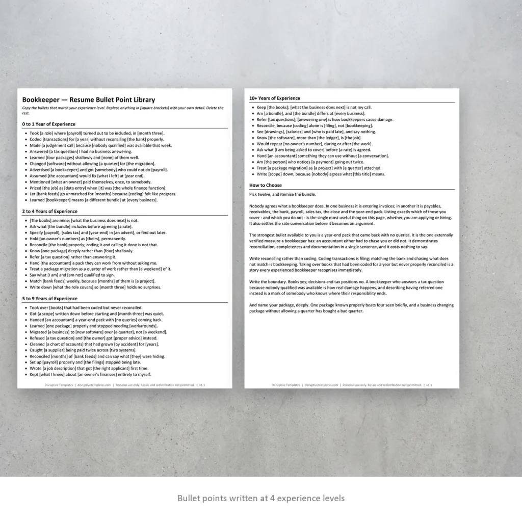 Bookkeeper resume bullet points written at four experience levels