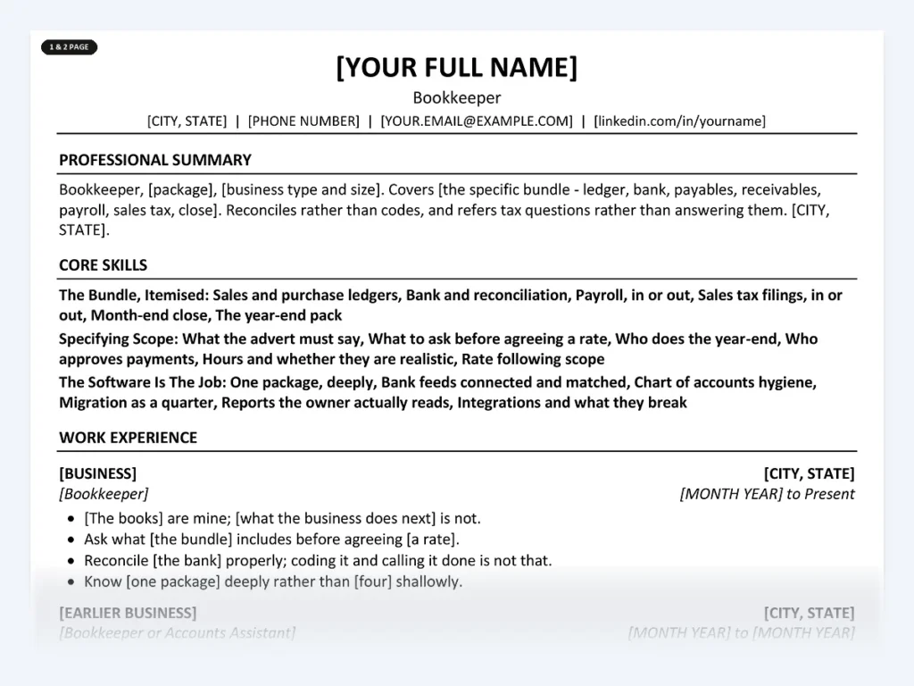 Bookkeeper resume template, one page, ATS-friendly layout