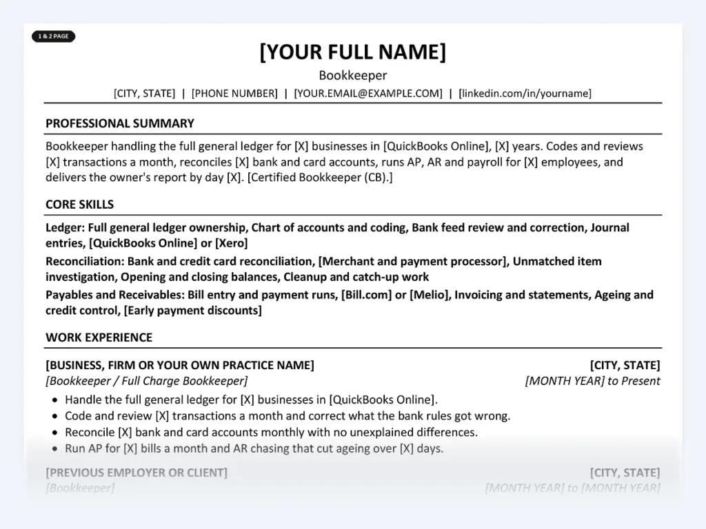 Bookkeeper resume template, one page, ATS-friendly layout