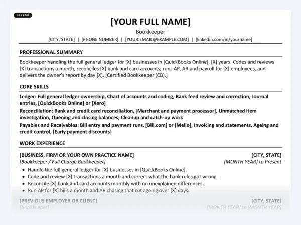 Bookkeeper resume template, one page, ATS-friendly layout