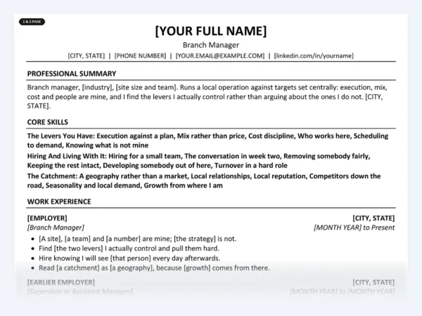 Branch Manager resume template, one page, ATS-friendly layout