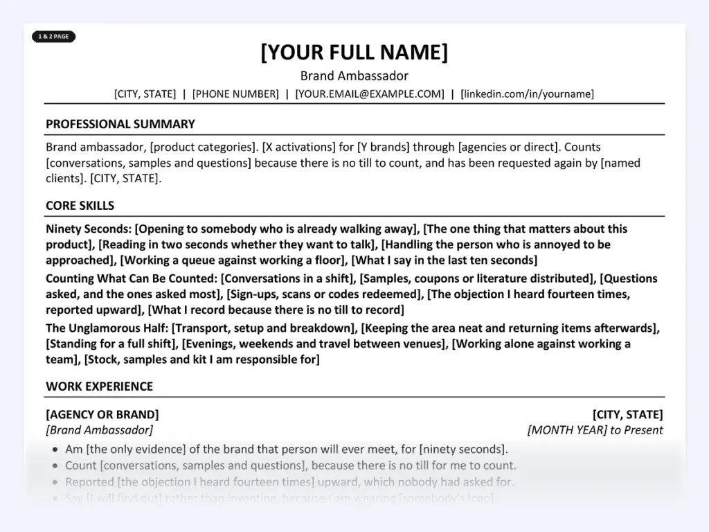 Brand Ambassador resume template, one page, ATS-friendly layout
