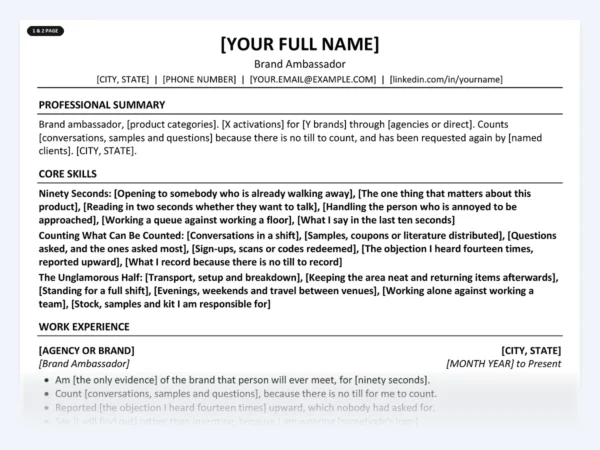 Brand Ambassador resume template, one page, ATS-friendly layout