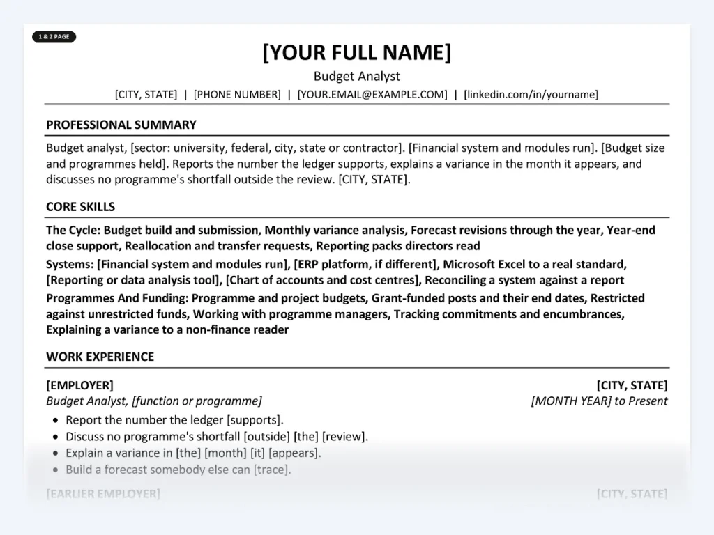 Budget Analyst resume template, one page, ATS-friendly layout
