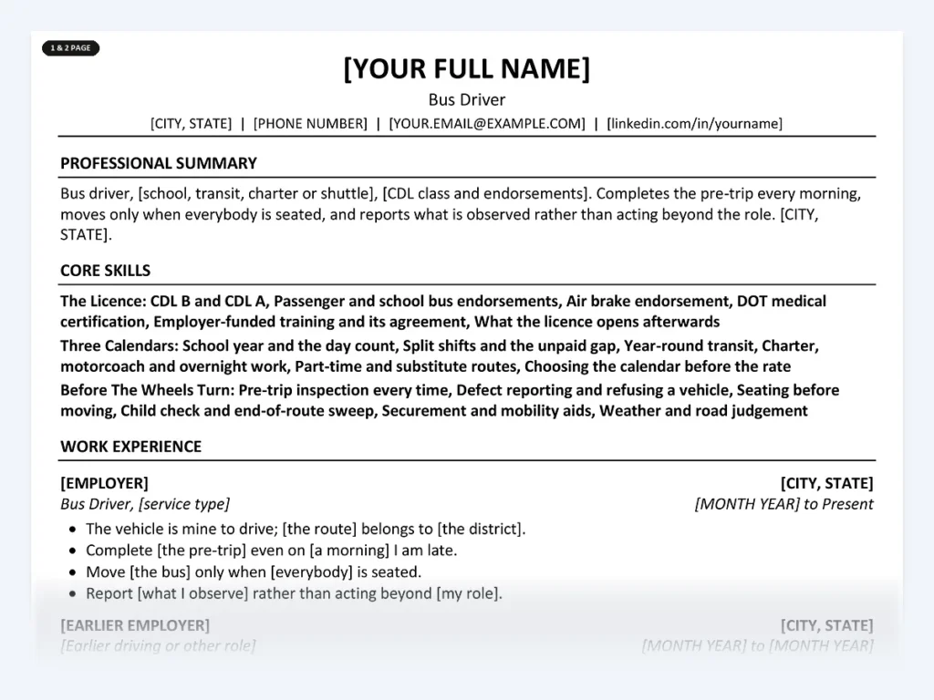 Bus Driver resume template, one page, ATS-friendly layout