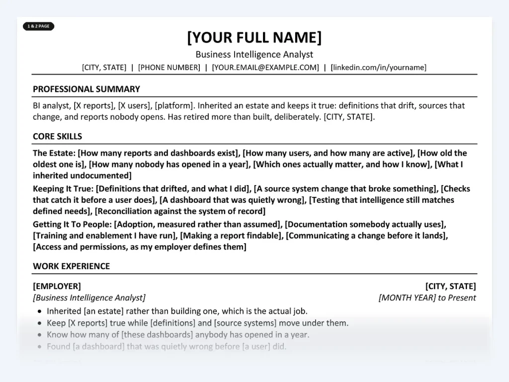 Business Intelligence Analyst resume template, one page, ATS-friendly layout